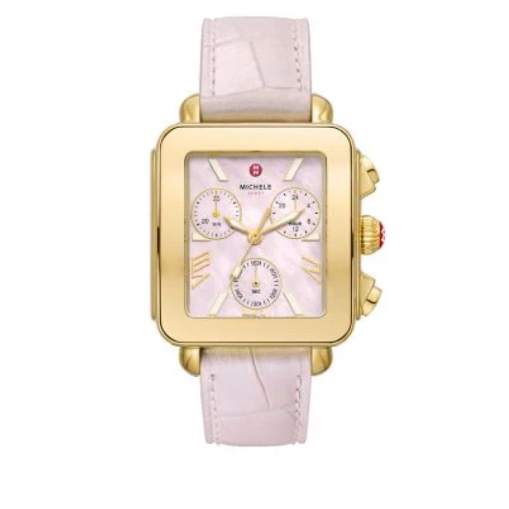 Michele Pink Dial Pink Leather Strap Gold-Tone Chronograph Watch